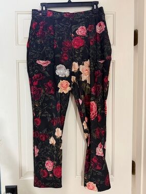 Blackmilk Black Floral Cuffed Pants  with Pink and Red Roses